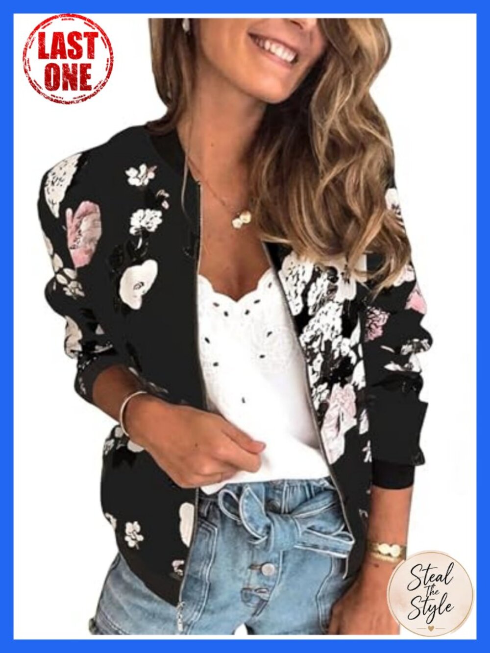 ECOWISH Floral Quilted Bomber Jacket Short Zip Up Lightweight Pockets